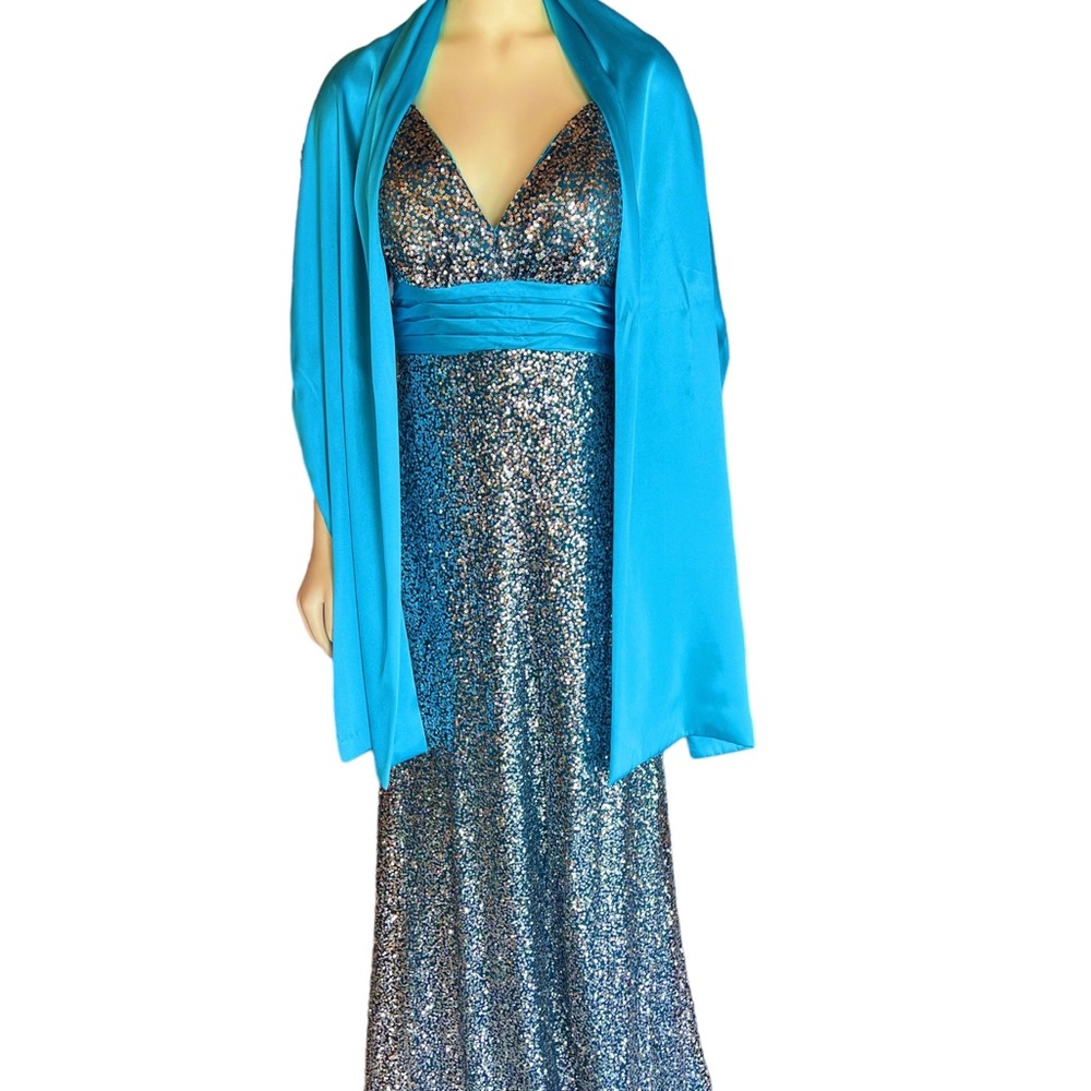PROM DRESS B'DAZZLE TURQUOISE BLUE SEQUIN GOWN DRESS SZ 12